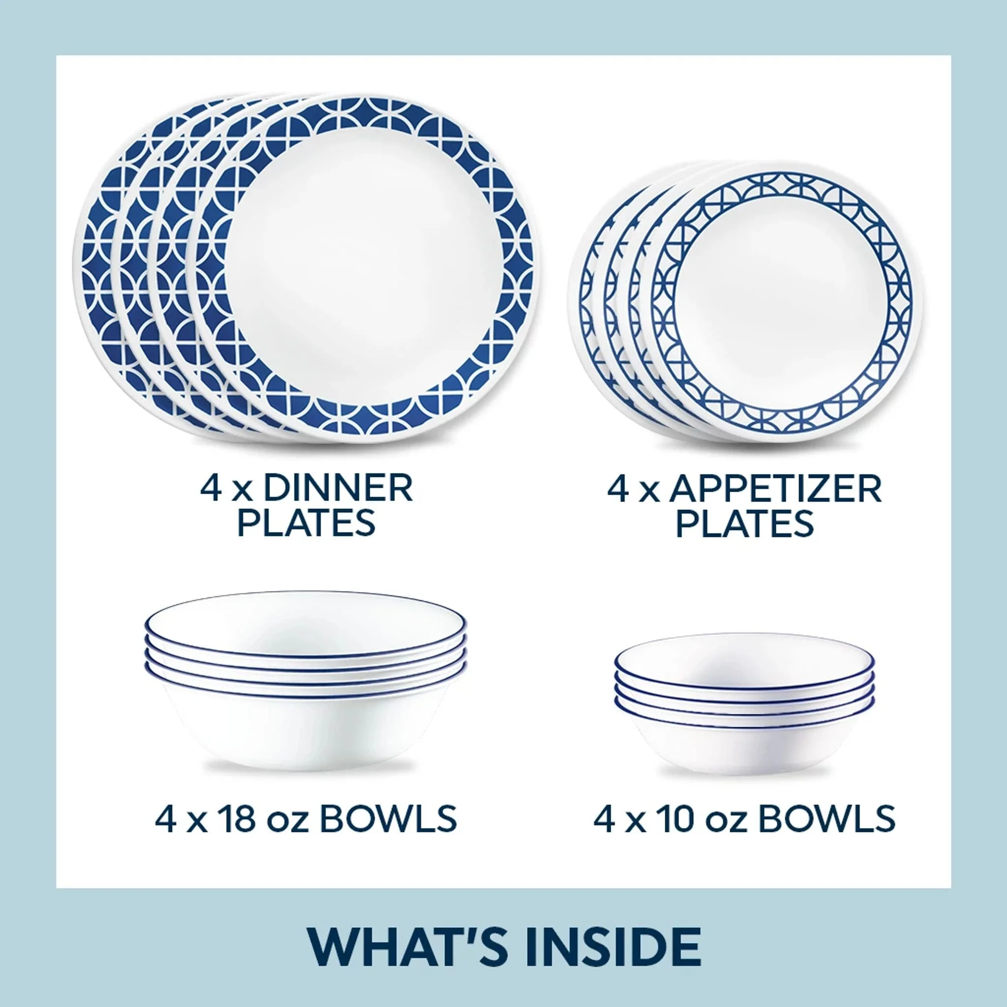 Corelle® Versatile Cobalt Circles 16-piece Mugless Dinnerware Set, Service for 4 - Image 2