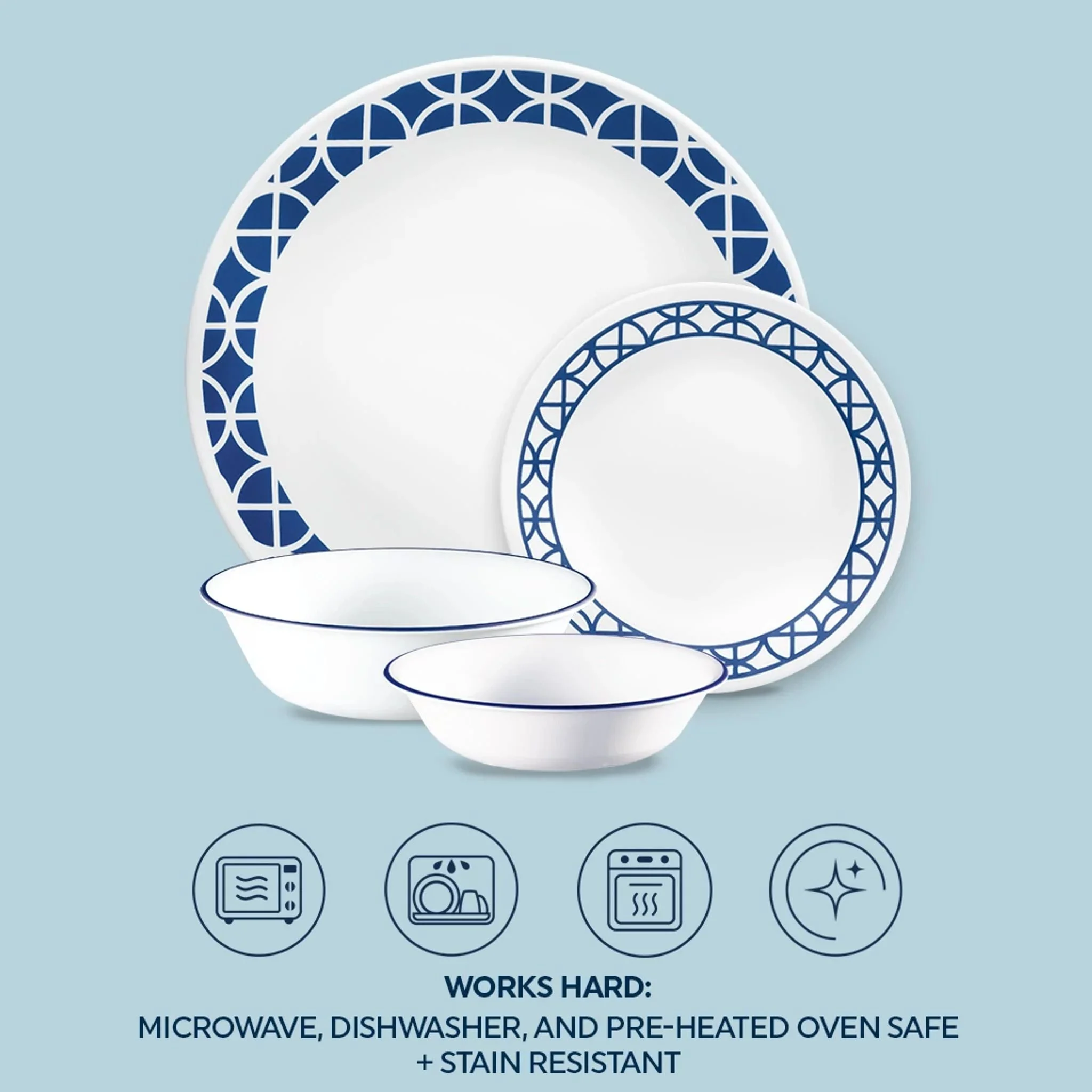 Corelle® Versatile Cobalt Circles 16-piece Mugless Dinnerware Set, Service for 4 - Image 5